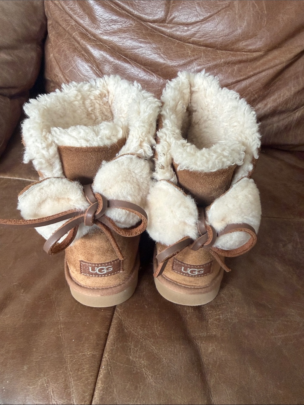 UGG Chestnut Suede Shearling Boot with Back Bow